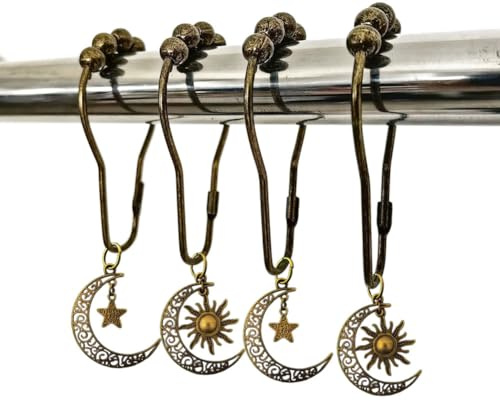 Decorative Moon Shower Curtain Hooks for Bathroom Shower Rods - Rustproof Curtain Rings Set of 12 with Vintage Moon Suns Stars Celestial Bodies Gothic Mystic Boho Theme Bathroom Decor (Bronze)