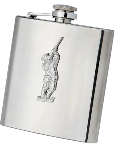 Farm Cottage Brands 6oz Oblong Stainless Steel Hip Flask with Funnel in a Presentation Box - with a pewterware Motif of a man Shotgun Shooting - Clay or Game