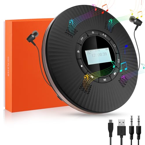 HOTT CD Player Tragbar Bluetooth CD-Player mit 4 Lautsprecher und FM-Transmitter, Tragbarer CD Player mit Anti-Skip, 1800mAh Wiederaufladbarer Kleiner mit Kopfhörern für Auto, Zuhause