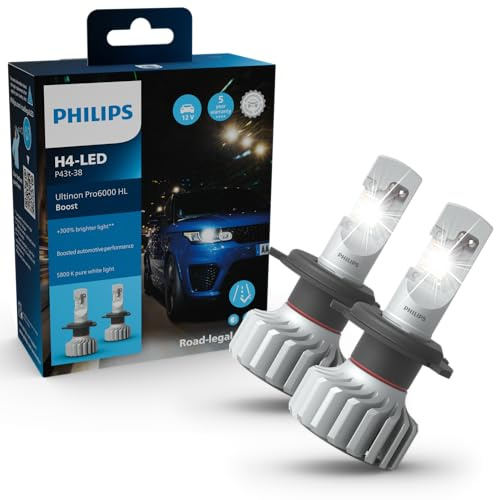 Philips Ultinon Pro6000 Boost H4-LED, ampoule LED pour éclairage avant automobile homologuée*, jusqu'à 300% de luminosité en plus**, 5.800K, set de 2