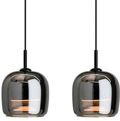 MODEBHD Moderne LED-Pendelleuchten aus Glas, 2er-Pack, Mid-Century-Stil, schwarz, mit grau rauchfarbenem mundgeblasenem Glasschirm, runde Glas-Pendelleuchte für den Innenbereich