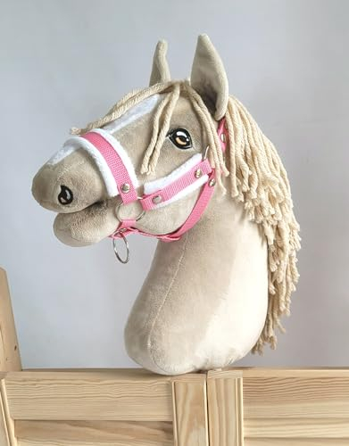 Super Hobby Horse Verstellbares Halfter für Hobby Horse A3 mit Fell. Set ohne Pferd. Pink mit weißem Fell
