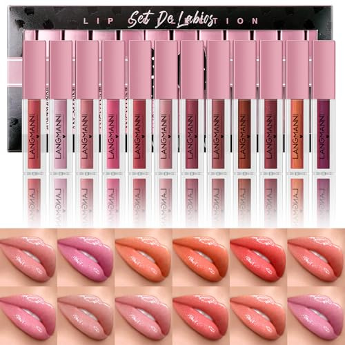 LANGMANNI 12Pcs Lip Gloss Collection Set, Shimmer-B Lip Makeup | 12 shimmer shades, shiny liquid lip gloss, mini tubes for daily makeup, party looks, travel and beauty gifts