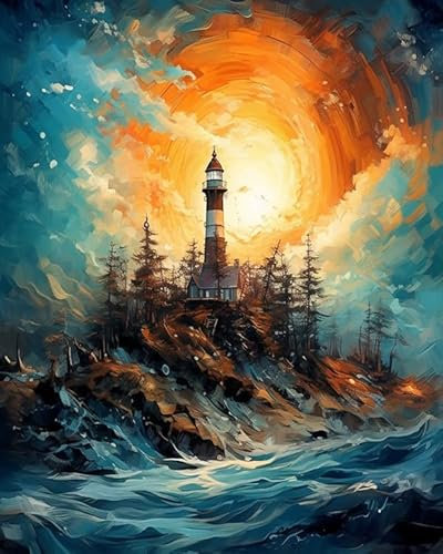 ZMHZMY Malen nach Zahlen Erwachsene,Wunderschöne Landschaft,Leuchtturm DIY Handgemalt Ölgemälde Kits auf Leinwand Geschenk für Weihnachten Geburtstag Home Haus Deko,40x50cm
