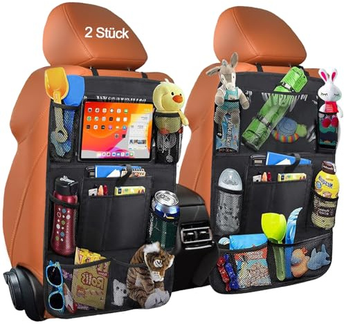 2 Stück Rückenlehnenschutz Auto Kinder,600D Oxford Autositz Organizer mit 10 Aufbewahrungsbeuteln mit Berührbarem Tablet Fach,wasserdichter Leicht Zu Reinigen Auto Reisezubehör Organizer(Schwarz)