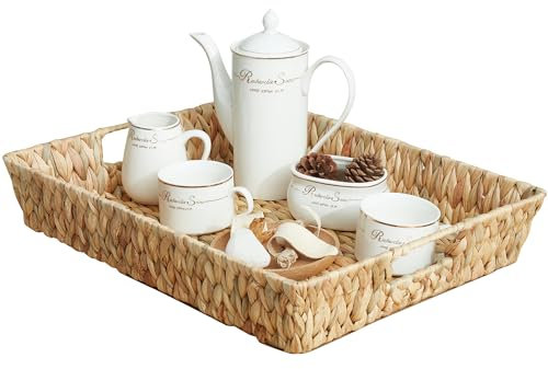 JS HOME 16.93 inch Rectangular Wicker Tray, Hand-Woven Rattan Serving Trays with Handles for Snack Drinks Coffee Table Tray, Water Hyacinth 1Pack