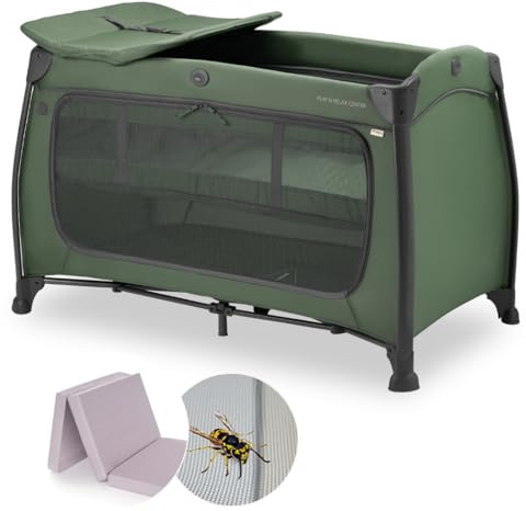 hauck Play n Relax Center Set de Cuna de Viaje Bebe con Colchon y Mosquitera | Dos Alturas para Recién Nacidos - Parque Infantil con Cambiador y Ruedas - Verde