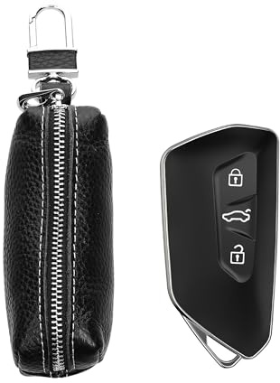 kwmobile Leder Autoschlüssel Tasche kompatibel mit VW Golf 8 ID.03 / ID.04 / Audi 3 Tasten/Lancia 3 Tasten Schlüsselhülle - Schlüssel Hülle mit Schlüsselanhänger Schwarz