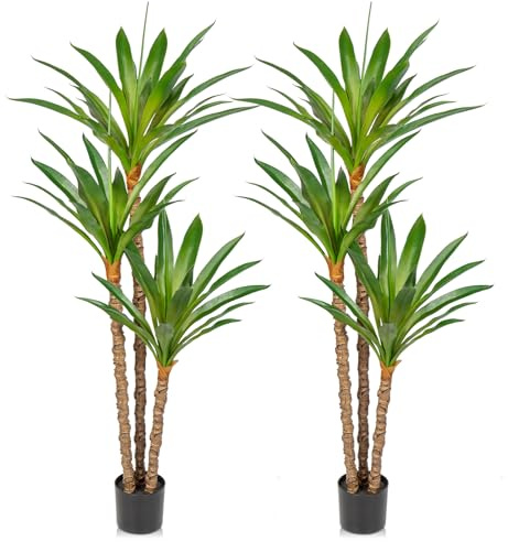 Oairse 2pcs Artificial Yucca Tree 5.6ft Fake Large Agave Plant with 3 Detachable Agave Heads Tropical Floor Plants Faux Palm Trees for Home Office Corner Indoor Outdoor Decoration