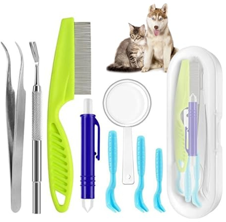 HRLORK Lot de 9 outils pour enlever les tiques sans douleur pour les humains et les chats avec étui de transport facile - Comprend des extracteurs de tiques, un peigne, une loupe pour animaux de