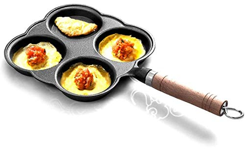 MYVVKIA Bratpfanne, Bratpfanne, Eierbratpfanne, Gusseisen, 4 Gitter, Spiegeleierkocher, Pfannen mit Holzgriff, Induktion, Pfannkuchen-Omelettpfanne, Sparen Sie Speiseöl