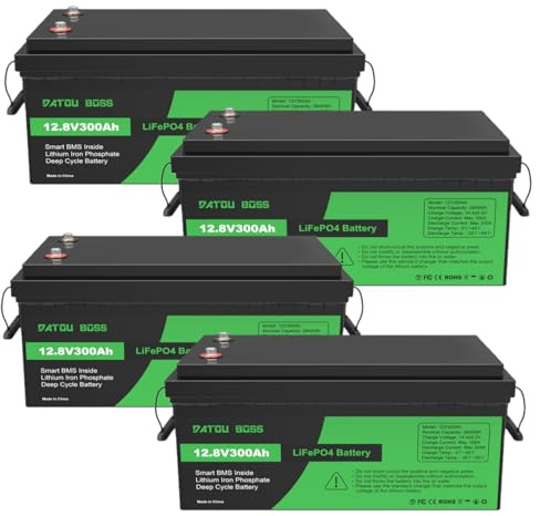 DATOUBOSS 4 * 12V 300Ah LiFePO4 Batterie Integriertes 200A BMS 15000+Zyklen Deep Cycle Lithium Akku MAX 3840W Leistung Unterstützung in Serie/Parallelschaltung,Perfekt für Solar, Wohnmobil, Off-Grid