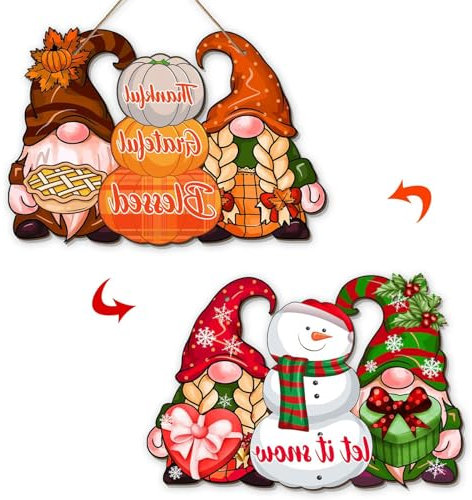 1 Hängedeko Thanksgiving Dekoration Hängende Weihnachten Dekoration, Doppelseitiger Druck, Türschild Willkommen aus Holz, Gnom Schneemann Kürbis Holz Hängende Tür Hängend
