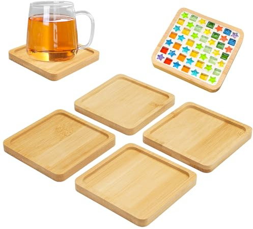 Mosaik-Bambus-Untersetzer, 9 cm, quadratisch, befüllbar, blanko, Mosaik-Untersetzer, kleines Bambus-Tablett, für Getränke, DIY, Heimbüro, Dekoration, kleine Pflanztabletts, 4 Stück