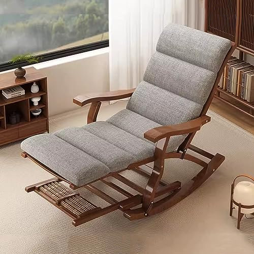 Klappbarer Schaukelstuhl aus Holz, Schaukelstuhl, Liegestuhl, Garten-Relaxsessel für Erwachsene und Senioren, Terrassenstühle mit Fußstütze und Armlehne, ergonomische Rückenlehne verstellbar (Farbe: