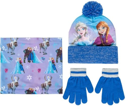 Disney Frozen Set Invernale per Bambine con Cappello Bobble, Sciarpa Snood e Guanti Elsa Anna, 2-8 anni