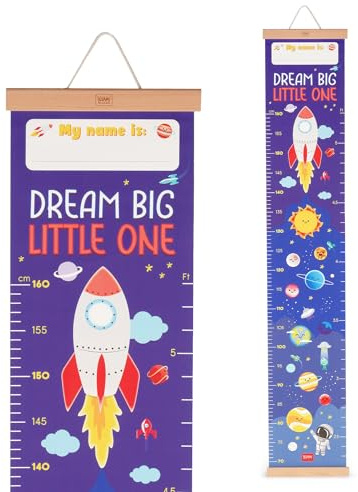 Legami - Dream Big Little One Messlatte zum Aufhängen für die Körpergröße von Kindern, bis 160 cm, 41 Aufkleber im Lieferumfang enthalten, mit Holzleisten, Motiv Space