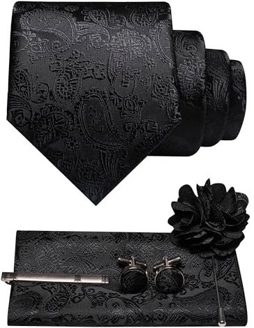 JEMYGINS Herren Paisley Krawatte mit Einstecktuch Krawattenklammer Blumenbrosche und Manschettenknöpfen Set Schwarz
