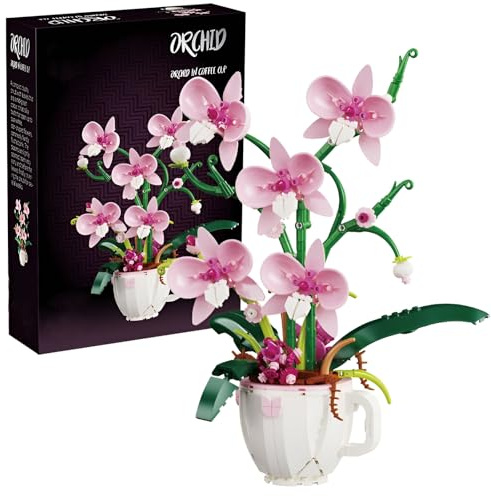 DzirePada Orchid Flower Building Blocks Set 567PCS Coffee Cup Plant Model Home Decor Gift