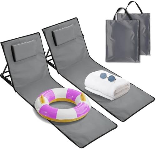 Ollewiellan Strandmatte faltbar,strandmatten gepolstert,Strandliege mit Handtasche,Staufächern,eingebautes Kissen mit 5-Gang-Einstellung, verschleißfestes Gewebe(145cm,dunkelgrau,Zwei)