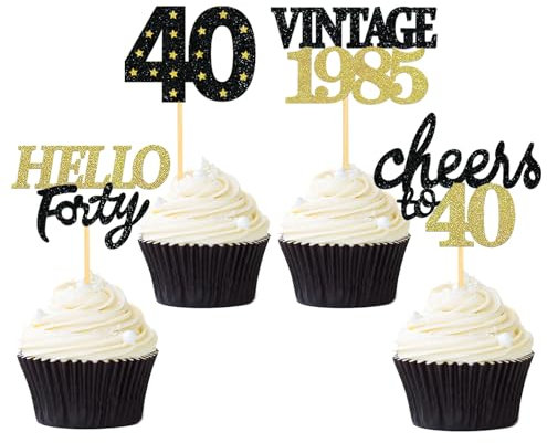 24 Pcs Glitter 40th Birthday Cupcake Toppers for Celebrating Forty Years Old Birthday Party Decorations for 40th Anniversary Party Supplies (Black&Gold)