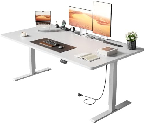 Precision Synergie Electric Standing Desk, Power Outlets, 2 Memory Buttons | 160 x 80 cm Home Office Desk, Height Adjustable Sit Stand Table, 72-117 cm, Equipped with 3 USB Ports & Cable Hole, White