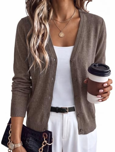 Arach&Cloz Women's Wool Business Casual Fall Cardigan Sweaters Coffee S | Lightweight & Breathable, Long Sleeves V-Neck Button Down Sweaters, Fall Clothes for Work Office Daily Wear