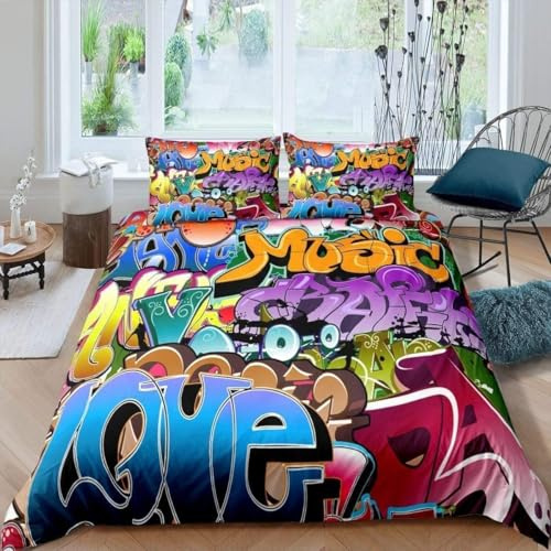 richhome Style de Graffiti Housse de Couette 200x200cm thème Hip Hop Enfants Ensemble de literie garçon Adolescent Illustration, décoration pour Les Jeunes Parure de Lit Street Culture 3 pièces