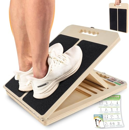 Slant Board, Adjustable Portable Wooden Stretch Mobility Board for Calf Stretcher with Training Poster, 300lb Weight Capacity Calf Stretch Wedge for Calf Muscles, Knees, Heel, Ankle & Stretching