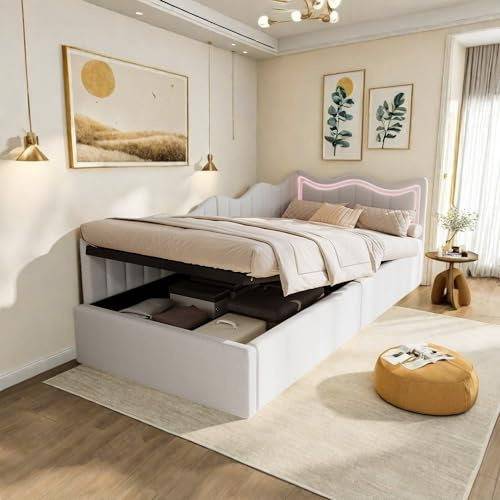 SHAODENG Polsterbett Schlafsofa 90x200, Jugendbett mit LED-Licht, Hydraulisch Bettgestell mit Lattenrost, Tagesbett Multifunktionsbett Einzelbett, Beige Samt Gepolsterte Bett, ohne Matratze
