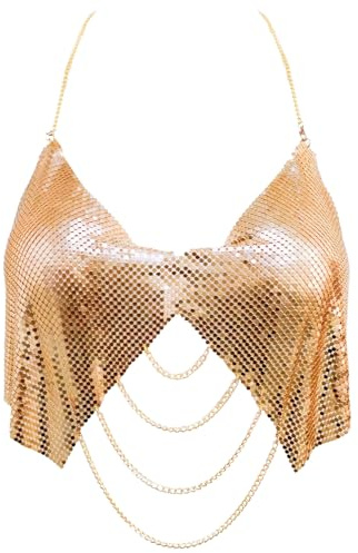 Damen Sequin Mesh Körperketten-BH Halter Crop-Top Verstellbarer Nacken Taillengurt Metall-BH Glimmernder Rückenfreier Bralette Gold L