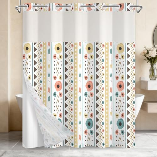 Boho Shower Curtain for Bathroom, Waterproof No Hook Shower Curtain and Liner Set with Split Ring Design, Translucent Top Mesh Window, Detachable Snap in Liner and Bottom Weighted Hem, 71W x 74L