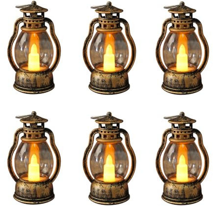 6 Stück Mini Laterne LED, Retro Laterne, Kleine Latern Halloween Deko, Tischdeko Weihnachten, Mini LED Weihnachtslaterne, Ramadan Deko Festdekoration (Bronze)