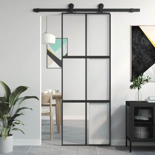 Mokuyary Puerta corredera Vidrio Templado y Aluminio Negra 76x205 cm Puerta Corredera de Cristal para Baño Salón Sala de Estar Cocina Negro y Transparente y Mate