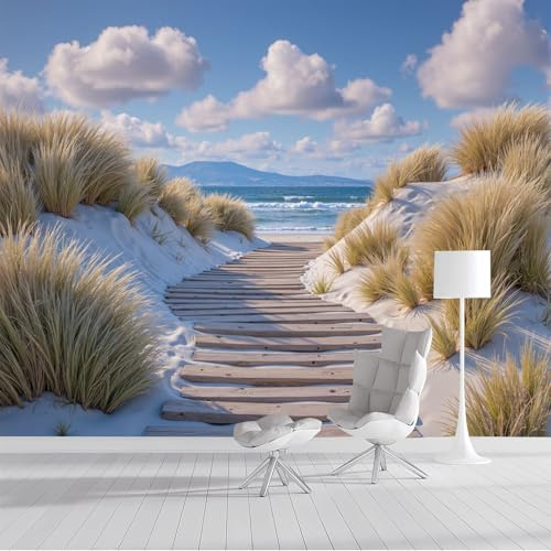 Cielo Azzurro Nuvole Bianche Spiaggia Sabbiosa Carta Da Parati Panoramica in Seta, Blu Carta Da Parati 150x105cm, Scenario Naturale Realistico Decorazioni Da Parete per Soggiorno Poster Da Parete