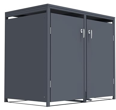 DEGAMO Mülltonnenbox 2-er Mülltonnenhaus BONN mit Fusspedal-Betätigung, für 2X Tonnen 120 und 240 Liter, Stahl verzinkt, Farbe anthrazit