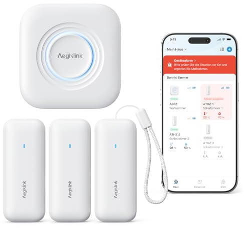 AEGISLINK Hygrometer WLAN, Thermometer Hygrometer, 500 m Reichweite, ATHZ31 | Kompatibel mit Alexa, Datenexport, Taupunkt/VPD, Temperatur- & Luftfeuchtigkeitssensor, mit Basisstation