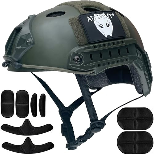 ATAIRSOFT PJ Type Tactical Airsoft Fast Helmet, Lightweight ABS with NVG Mount & Side Rails Bump Protection for Men, Women Air Soft, Paintball, Cosplay, Caving, Hunting, Hiking - Green