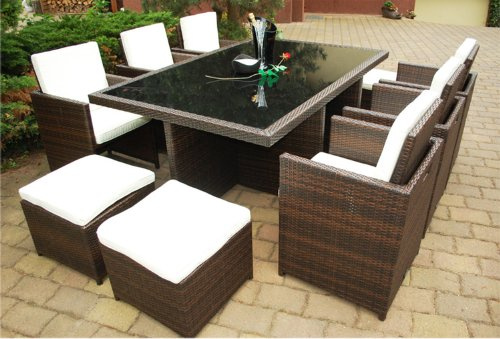 Ragnarök-Möbeldesign DEUTSCHE Marke - EIGNENE Produktion - 8 Jahre GARANTIE Garten Möbel Glas Polster PolyRattan Set Gartenmöbel Tisch Stuhl Hocker BRAUN