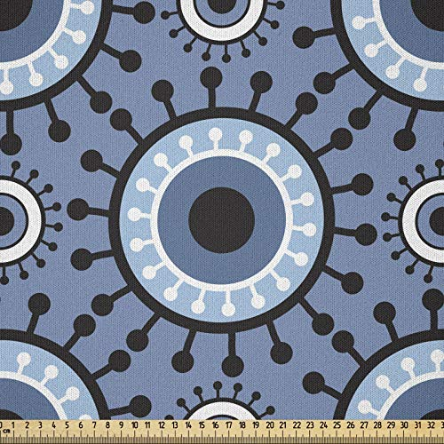 ABAKUHAUS Blau und weiß Stoff als Meterware, Blumenkreise, Microfaser Stoff für Dekoratives Basteln, 1M (230x100cm), Blaugrau Weiß Schwarz