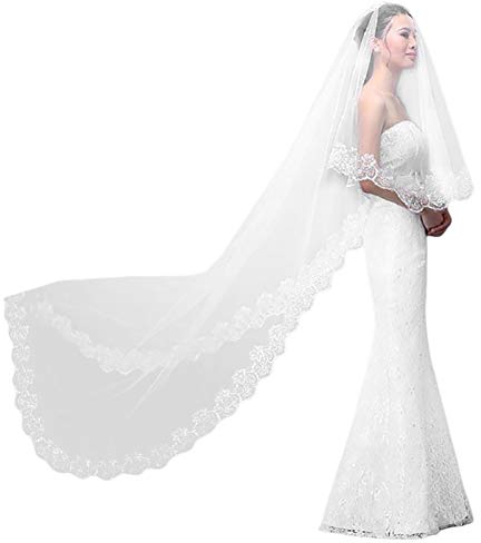 IBLUELOVER Brautschleier 5M Lange Hochzeit Schleier Weicher Tüll Brautkleidzubehör Handgefertigte Blumen Spitze Elegant Festlicher Damen Schleier Weiß Hochzeitszubehör