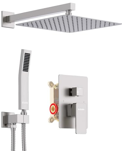 KOJOX Shower System with High Pressure 12 Inch Rainfall Shower Head, Handheld Shower head and Shower Faucet Trim valve, Bathroom Luxury Rain Mixer Shower Set Wall Mounted Brushed Nickel
