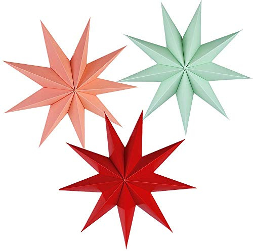 Kiddale 3 Pieces 3D 12 Large Paper Star Red Green Pink Hanging Paper Star Decorations for Weddings, Christmas Holiday, Girls Bedroom Decor,Birthday Party Celebration & Home Decoration