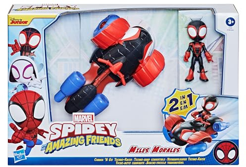 SPIDEY AND HIS AMAZING FRIENDS Marvel Verwandelbarer Techno-Racer und Miles Morales Spider-Man Action-Figur, ab 3 Jahren, 10 centimeters