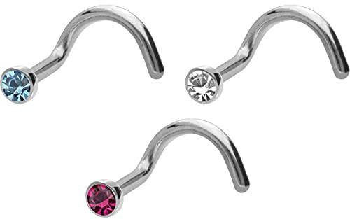 PIERCINGLINE 3er SET Titan Nasenpiercing Spirale flache Kristalldisc Nostril Piercing Nase Stecker