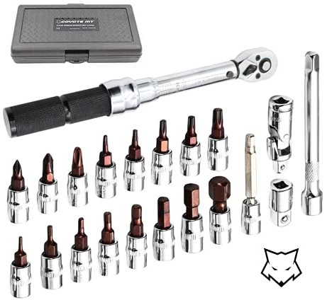 COYOTE MT 1/4 Inch Drive Click 1/4 Torque Wrench Set - S2 Bits – 2 to 24Nm - Bicycle Maintenance Kit for Road Bikes, Mountain Bikes, Motorbikes – Allen & Torx Sockets, Extension Bar, Adapters, Case
