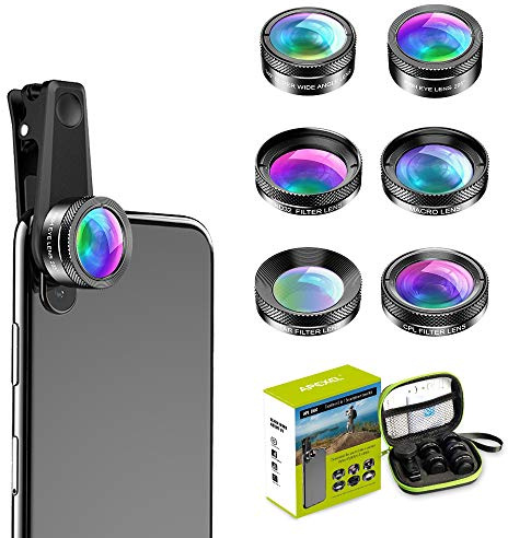 6-in-1-Handyobjektiv: 205°-Super-Fischaugen-Objektiv, 140° HD-Weitobjektiv, 25-faches Makro-Objektiv, 6-Sterne-Filter, CPL+ND 32-Filter, kompatibel mit iPhone, Samsung und den meisten Smartphones