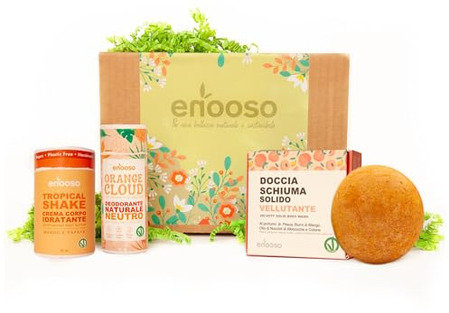 Enooso Presentlåda med 3 skönhetsprodukter - Mango och Papaya kroppskräm, Vellutant duschskum, fast deodorant | presentset tillverkad i Italien, miljövänlig vegan