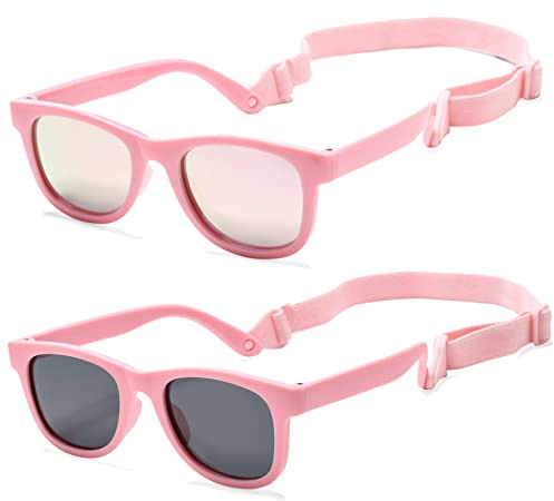 CoASION Polariserade babysolglasögon barn, UV400, skydd, silikonram med solglasögon för baby 0–24 månader, C8 x matt rosa/grå + rosa/rosa spegel, S