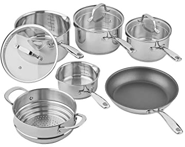 Tala 6 Piece Stainless Steel Cookware Set - Non-Stick Frying Pan, 4 Multifunctional Cooking Pots with Tempered Glass Lids & Steamer - Dishwasher Safe, Scratch Resistant - Suitable for All Stoves